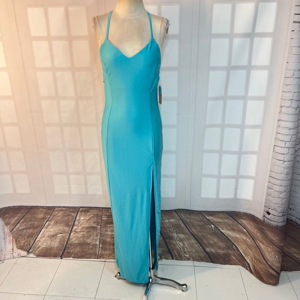 Blashe NWT Turquoise Halter Stretch Satin Crisscross Open Back Long Gown Medium